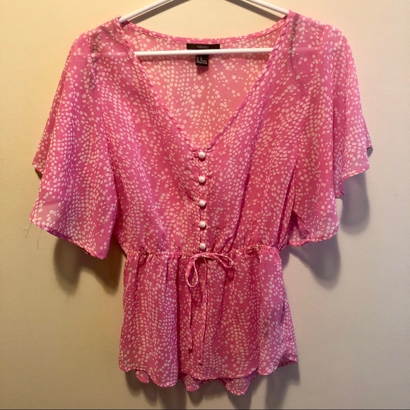 Forever 21 Pink Polka Dot Short Sleeve Blouse